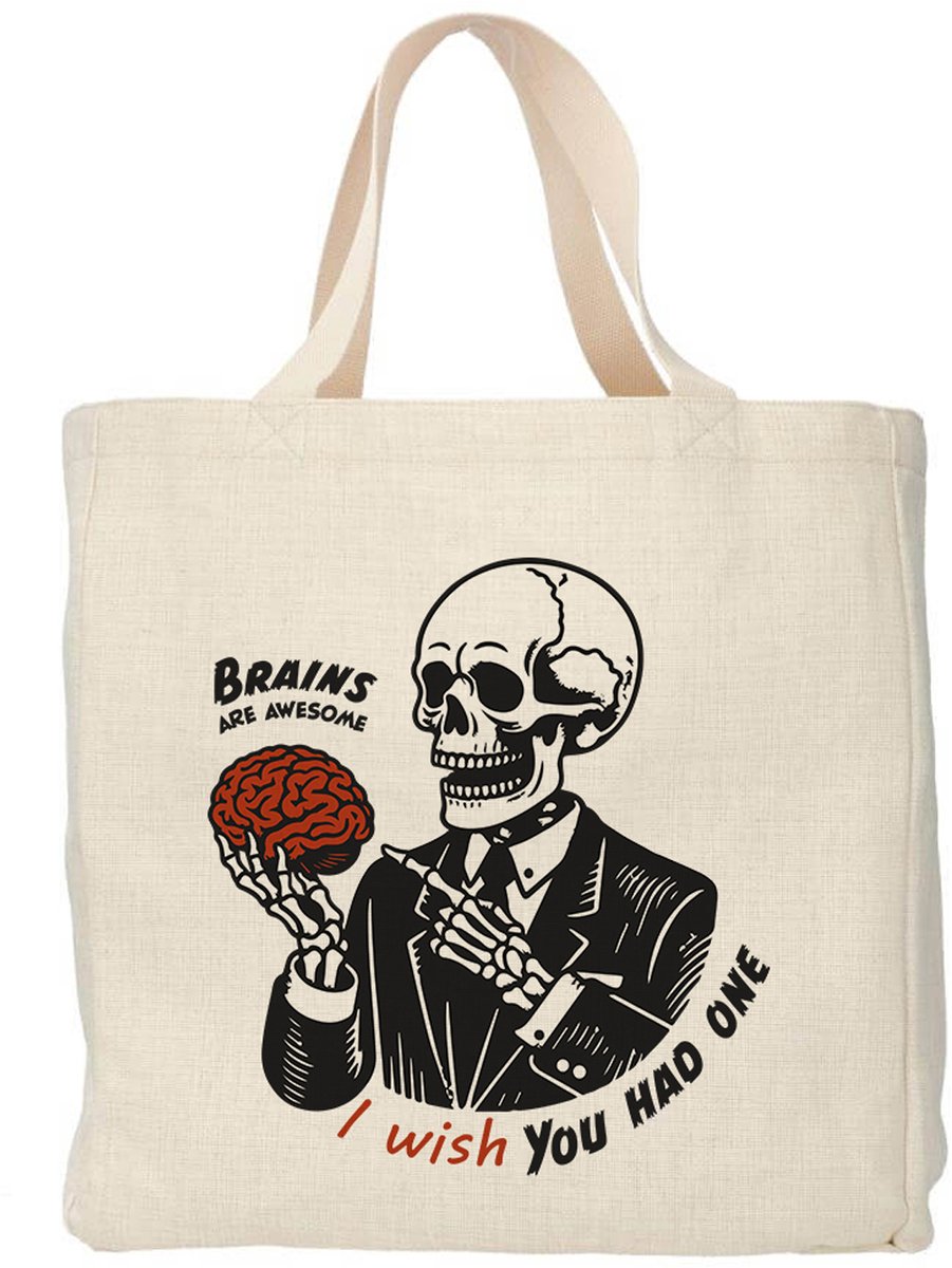 Creasowl® - Brains are awesome tote bag - Boodschappentas 38 x48 cm - Polylinnen- Sarcasme tas - Shopper - Canvas tas - Boodschappen tas - Totebag - Schoudertas - Draagtas - Grappige Quote