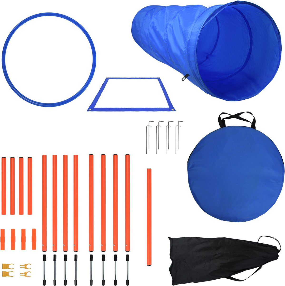 NAIZY Dog Agility Equipment Set, Agility Training Set met Slalompalen, Verstelbare Springring, Hoogspringpaal, Rustplaats, Hondentunnel, Huisdiertrainingset, Blauw & Oranje