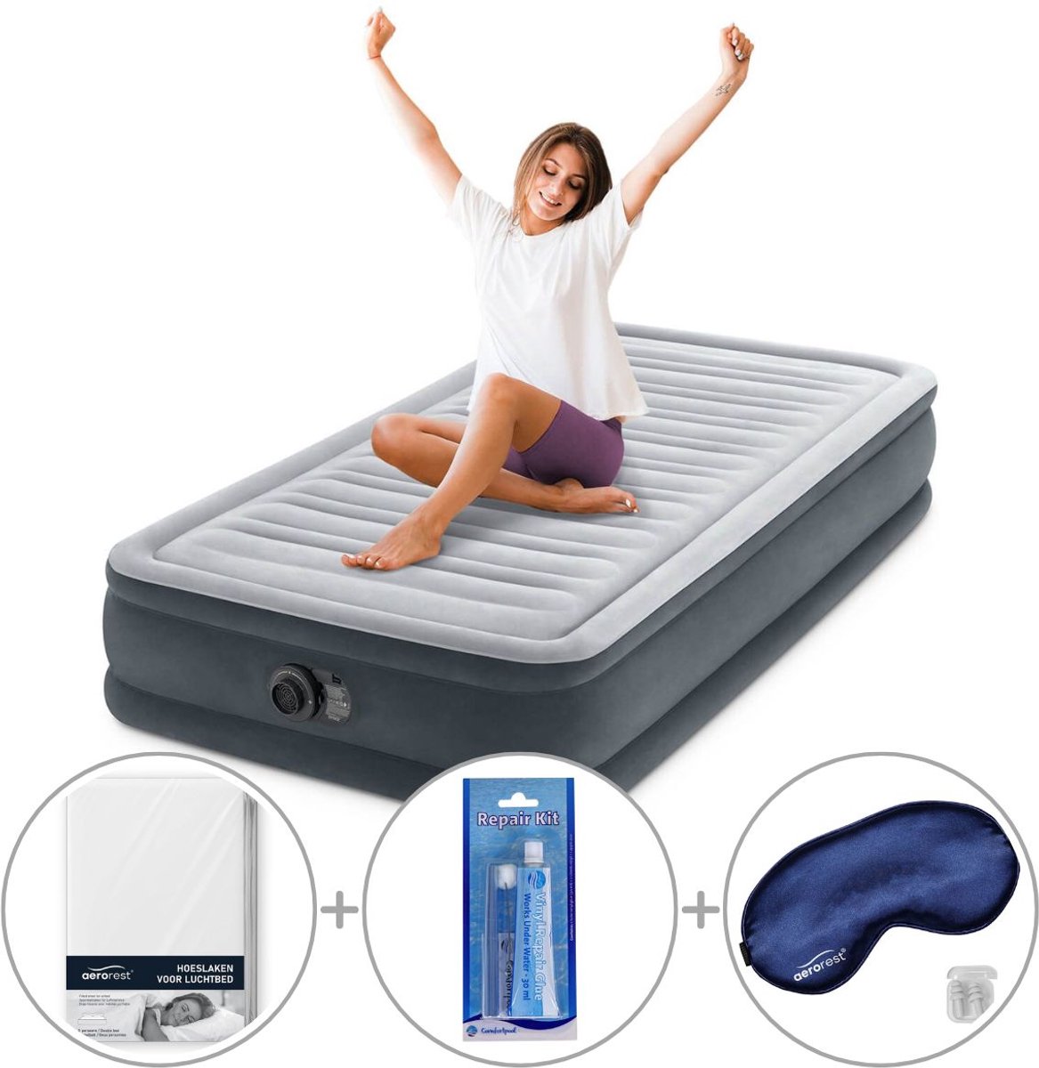 Intex Comfort Plush luchtbed met ingebouwde pomp | Eenpersoons | 191 x 99 x 33 cm | Inclusief bijpassend hoeslaken + reparatiekit + slaapmasker