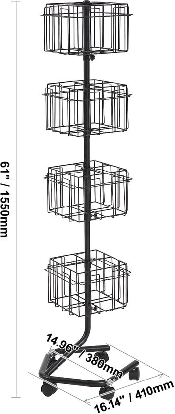 Présentoir à brochures à 4 niveaux, 32 compartiments, présentoir rotatif pour cartes postales, présentoir rotatif à 360° pour cartes de vœux avec 5 roulettes (dont 2 verrouillables) pour magasins, expositions, bureaux
