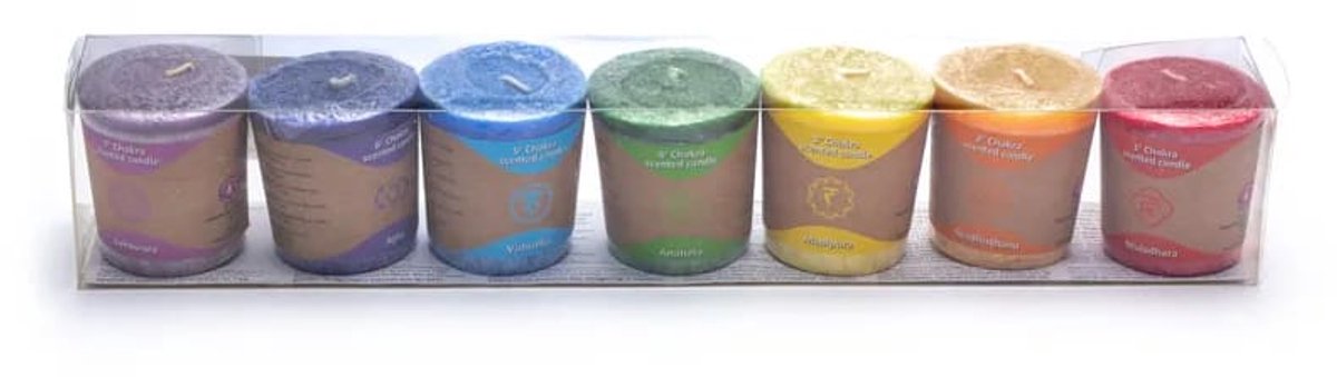 Geurkaarsen - 7 Chakra votief kaarsjes in geschenkdoos - Cadeau - Vegan - Geschenk - Chakr