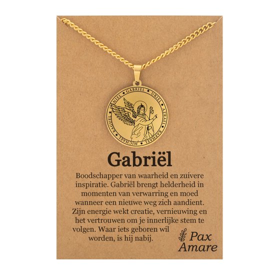 Beschermengel Gabriël Ketting op Cadeau Kaartje - Goudkleurig - Aartsengel Talisman / Medalion - Stainless Steel Engelen Hanger - 60cm