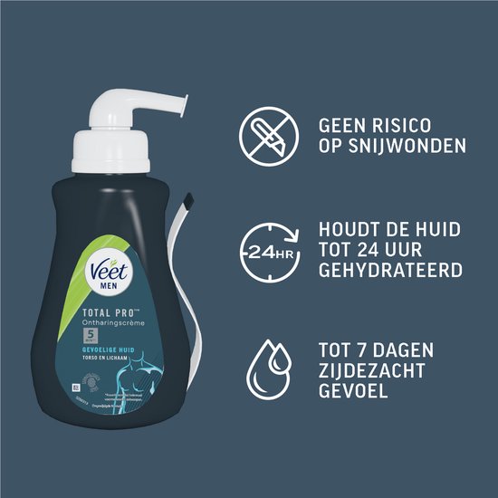 Donkergrijze fles met pompdispenser. "Geen risico op snijwonden", "Houdt de huid tot 24 uur gehydrateerd", "Tot 7 dagen zacht gevoel".