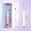 Stylo blanc électrique pour peinture diamant, debout et en cours d'utilisation. La boîte et les dimensions sont à côté du stylo.