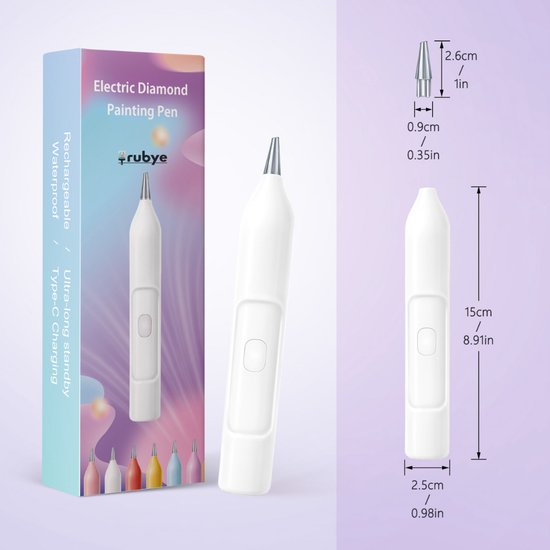 Stylo blanc électrique pour peinture diamant, debout et en cours d'utilisation. La boîte et les dimensions sont à côté du stylo.