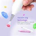 Stylo blanc électrique pour peinture diamant utilisant la technologie d'aspiration par le vide, ramassant des diamants rouges et bleus. Deux stylos en bas.