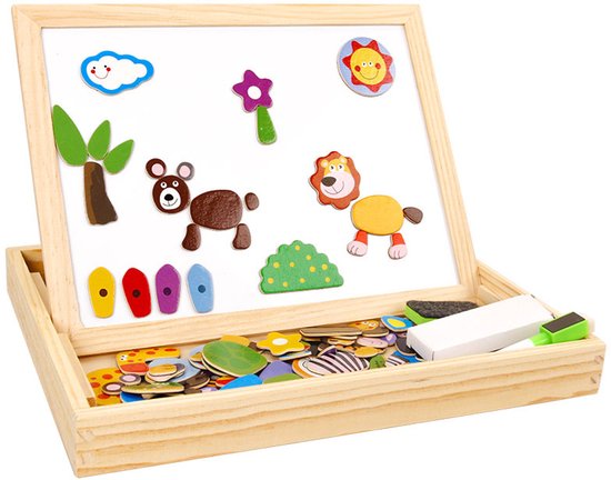 KoningBen Magnetische Dieren Puzzel & Krijtbord – puzzel 3 jaar - 100-delige Houten Speelbox – Montessori Speelgoed voor Onderweg – KoningBen