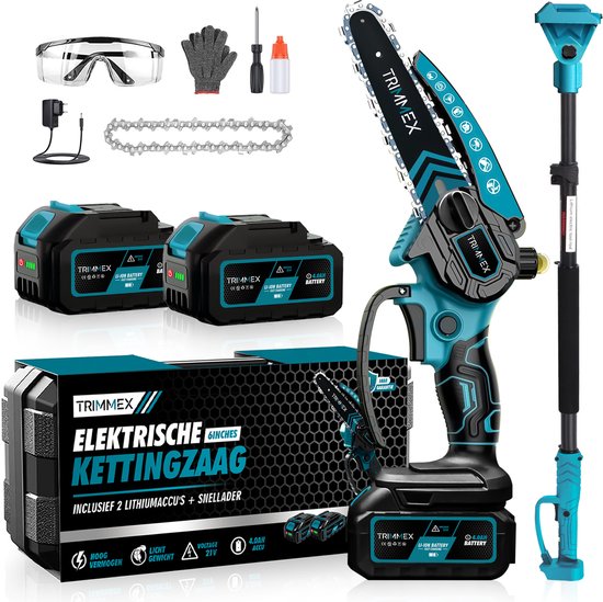 Trimmex® Mini kettingzaag + Telescopische steel - Inclusief 2 Led-Accu's - 2X 4000mAh - Elektrisch Handkettingzaag - Snoeizaag - Takkenzaag - Handzaag - Boomzaag - Automatische Kettingsmering - Brushless