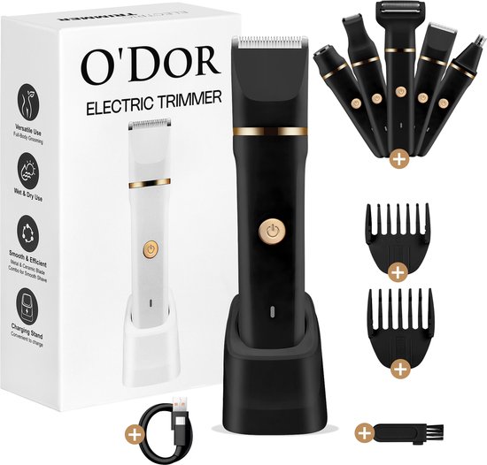 O’dor 5-in Trimmer - Schaamhaar Trimmer Bodygroomer Mannen - Scheerapparaat Ladyshave Vrouw voor Lichaam en Bikini - IPX7 Waterdicht - Neushaartrimmer - USB Oplaadstation - Zwart