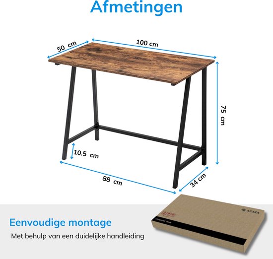 Bureau met bruin houten blad, zwart metalen frame, met afmetingen.
