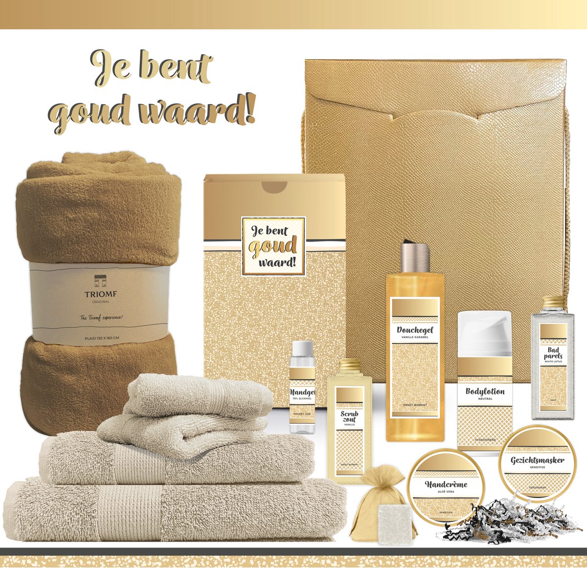 Goedkoopste Geschenkset “Je bent goud waard!” - 13 producten - 1772 gram | Cadeau Vrouw - Luxe Cadeaubox voor haar - Giftset Vriendin - Moeder - Cadeaupakket Collega - Cadeau Verjaardag - Moederdag - Gift Werknemer - Kerstpakket Baas - Kerst Cadeau Goud