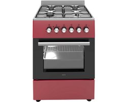 Wiggo WO‑E603R(RX) – Vrijstaand gasfornuis – 60 cm – 4 kookzones – 56L elektrische oven – Rood Roestvrijstaal – Elektrische vonkontsteking & vlambeveiliging – Energieklasse A – 5 jaar garantie