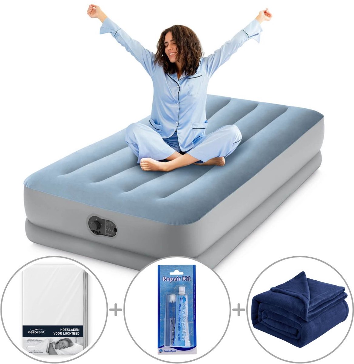 Intex Dura-Beam Comfort luchtbed | Eenpersoons | 191 x 99 x 36 cm | Inclusief bijpassend hoeslaken + reparatiekit + fleece deken