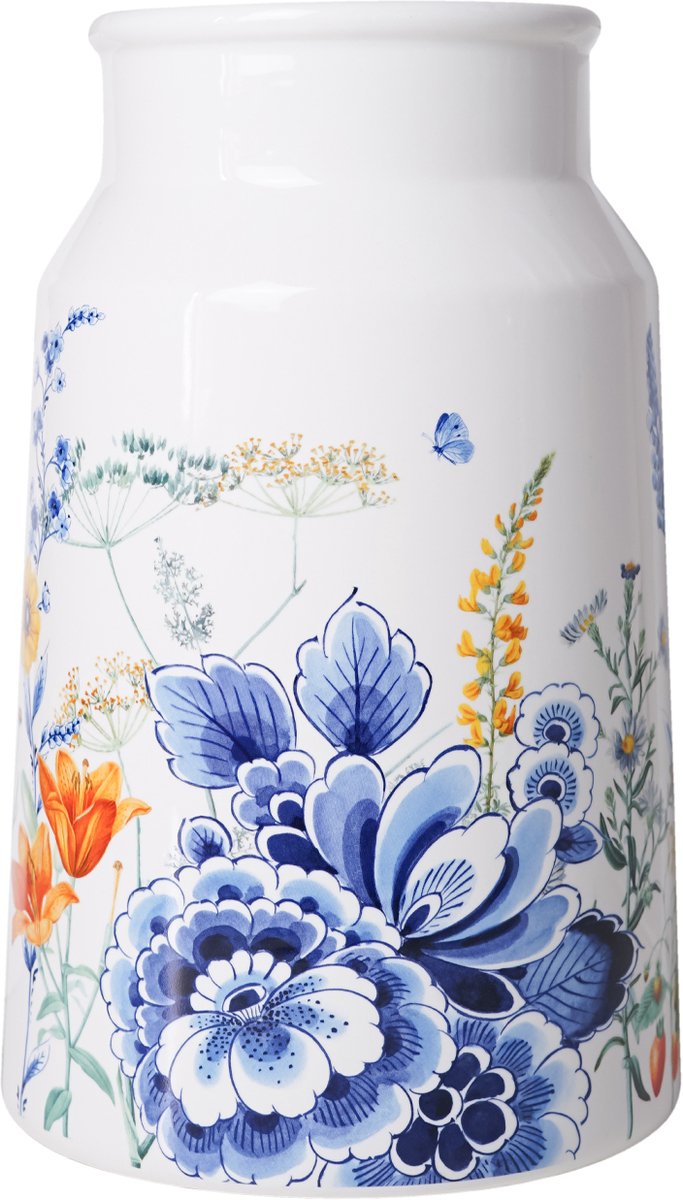 Heinen Delfts Blauw Melkbusvaas Wildbloemen Bloemenveld - Keramiek - 30 cm Multicolor