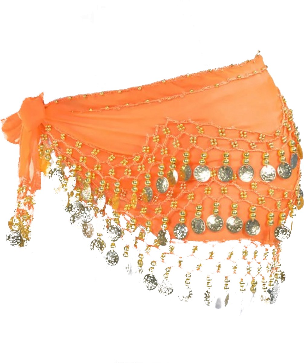 Scoby - Buikdans Sjaal - Gouden Muntjes - Belly Dance Shawl - Dansaccessoire - Buikdans Kostuum - 150cm - Oranje