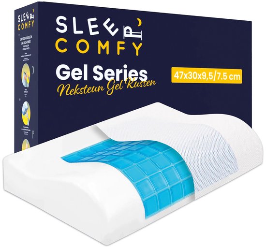 Een verpakte Sleep Comfy Gel Series neksteun gel kussen, met de afmetingen 47x30x9,5/7.5 cm, tegen een donkere achtergrond. Het kussen zelf is wit met een blauwe gel laag.