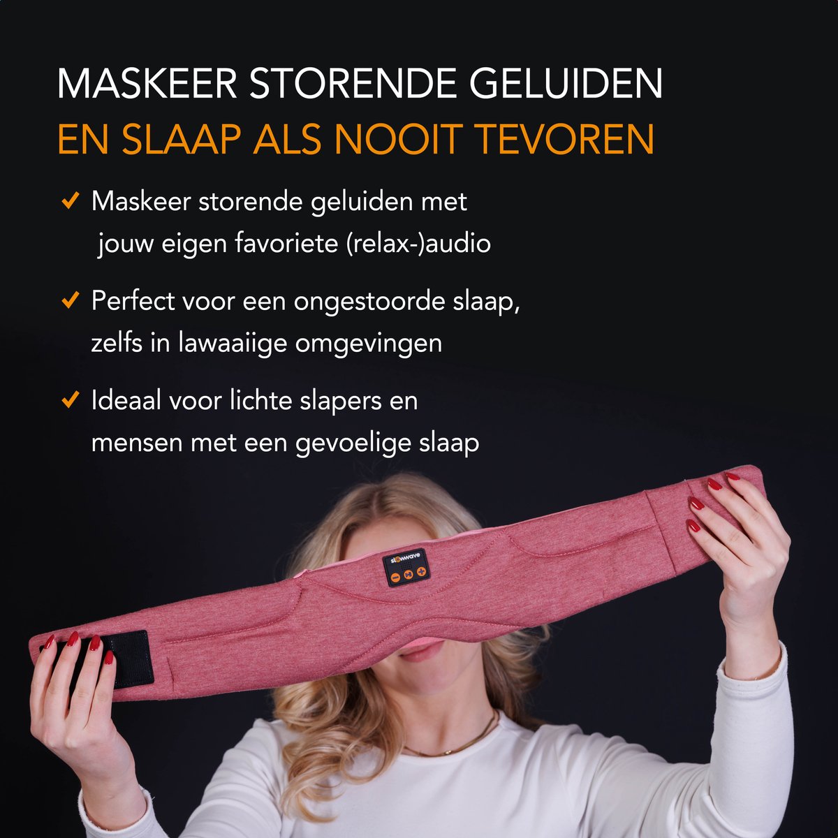 Slowwave Premium Bluetooth Slaapmasker - White Noise Versie (10 ingebouwde relax-geluiden) - Rose Quartz Edition - Met Binaural Beats - 100% verduisterend - Inclusief handige timer-functie - Koel en ademend - Platte 'spons speakers' voor zijslapers — afbeelding 7
