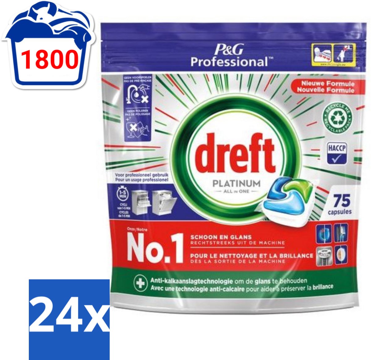 24 x Dreft Professional - Platinum - All In One - Vaatwascapsules - 75 Afwasbeurten - Vaatwascapsules - Vaatwasser Capsules - Professionele Vaatwas - Vaatwasser Reiniging - Hardnekkige Vlekken