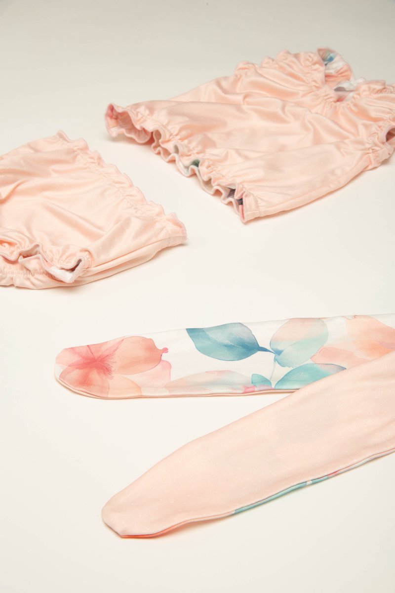 Ducksday - Omkeerbare baby tankini met haarlint - voor meisjes - UPF 50+ - Driedelige zwemset - Bliss - Bloemen - Pastel roze — afbeelding 3