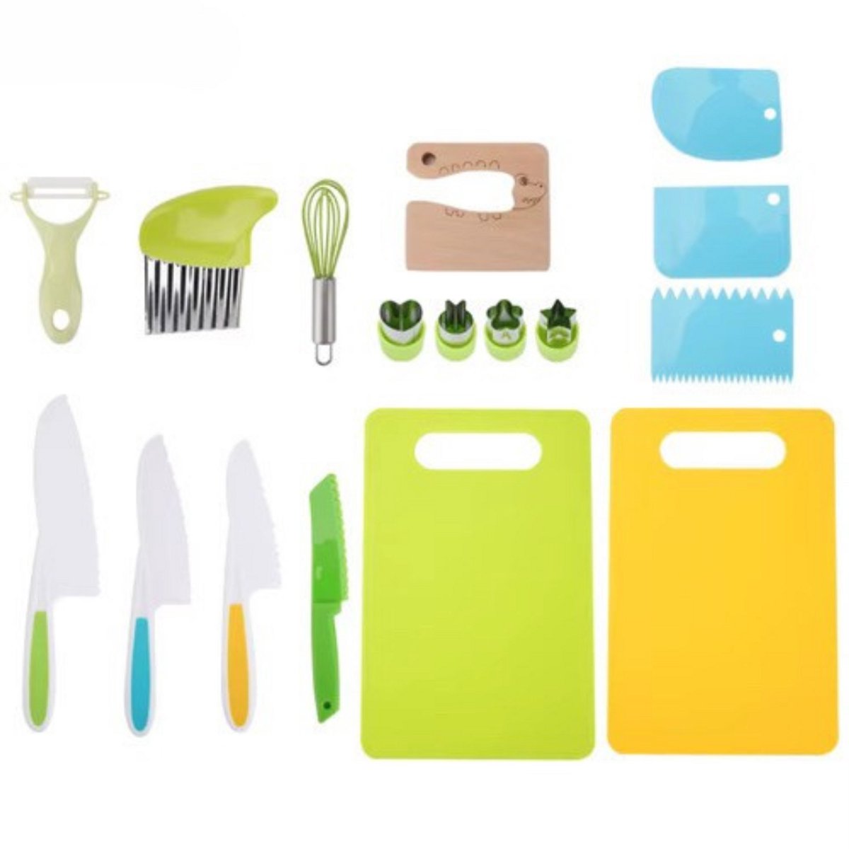 kindermessen set 12 delig - kindermes - kiddikutter - le petit chef - kinder koksmes - kindvriendelijk - montessori - snijplank - vormpjes - veiligheid handschoenen