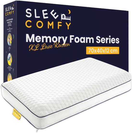 Een XL Luxe Kussen van de Sleep Comfy Memory Foam Series, 70x40x12 cm, in verpakking.