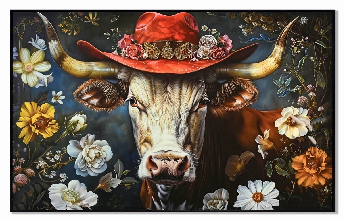 Schilderij koe met hoed en bloemen