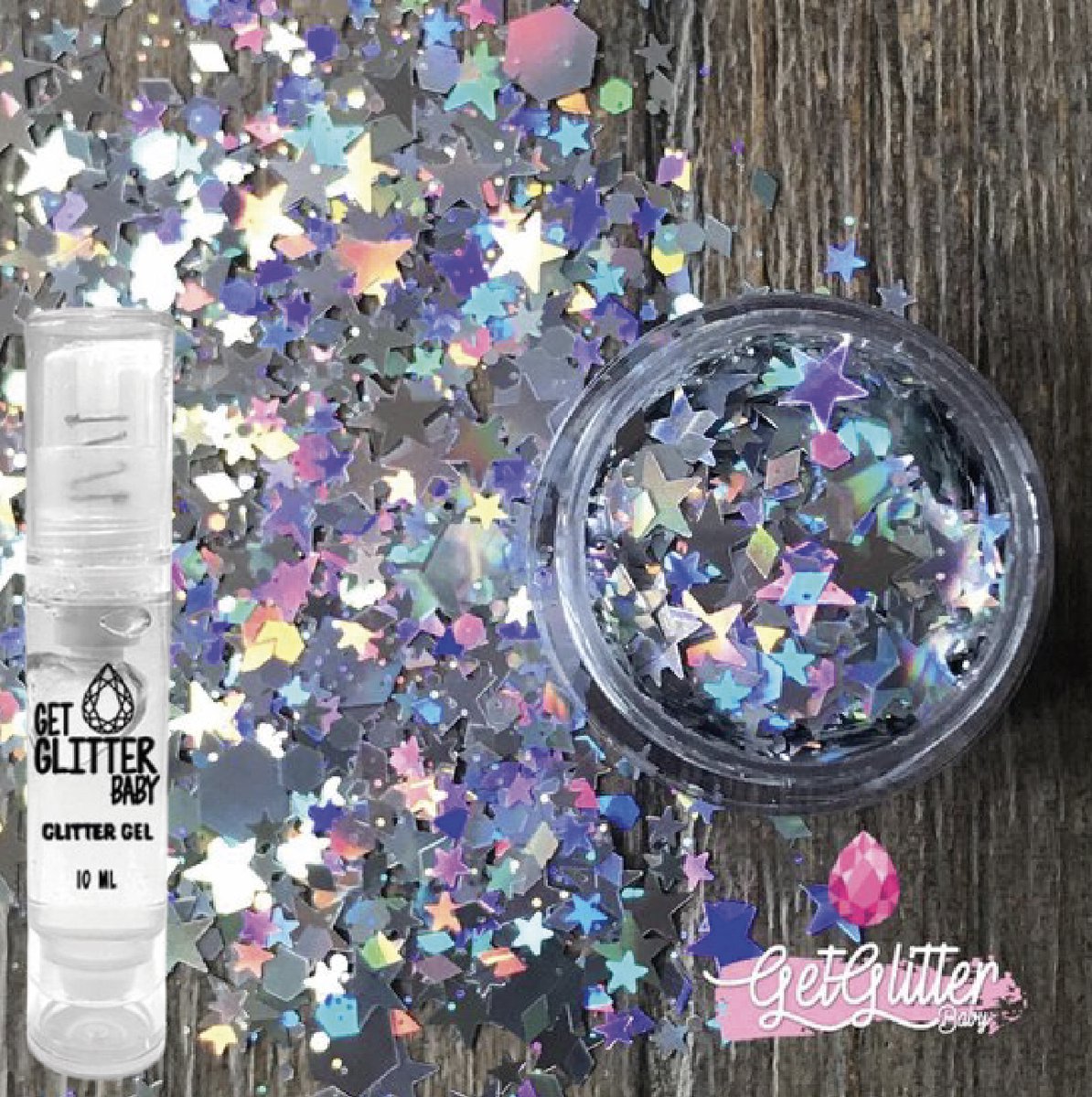 GetGlitterBaby® - Zilveren Sterren Chunky Festival Glitters Sterretjes voor Lichaam en Gezicht / Biologische / Biologisch afbreekbare Face Body Jewels Glitter - Zilver - en Glitter HuidLijm