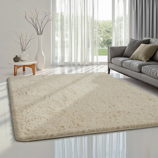 the carpet Soft Shaggy, pluizig hoogpolig tapijt, woonkamer, kinderkamer, antislip onderkant, knuffelzacht en superzacht, beige, 80 x 150 cm