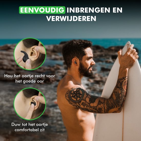Man met surfplank met zwarte oordopjes in en een uitleg hoe deze te plaatsen.
