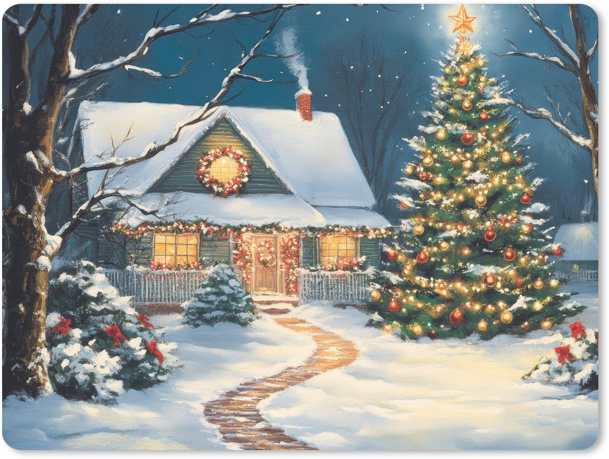 Muismat 23x19 cm - Mousepad Kerst - Kerstboom - Winter - Huis - Sneeuw - Muismatten