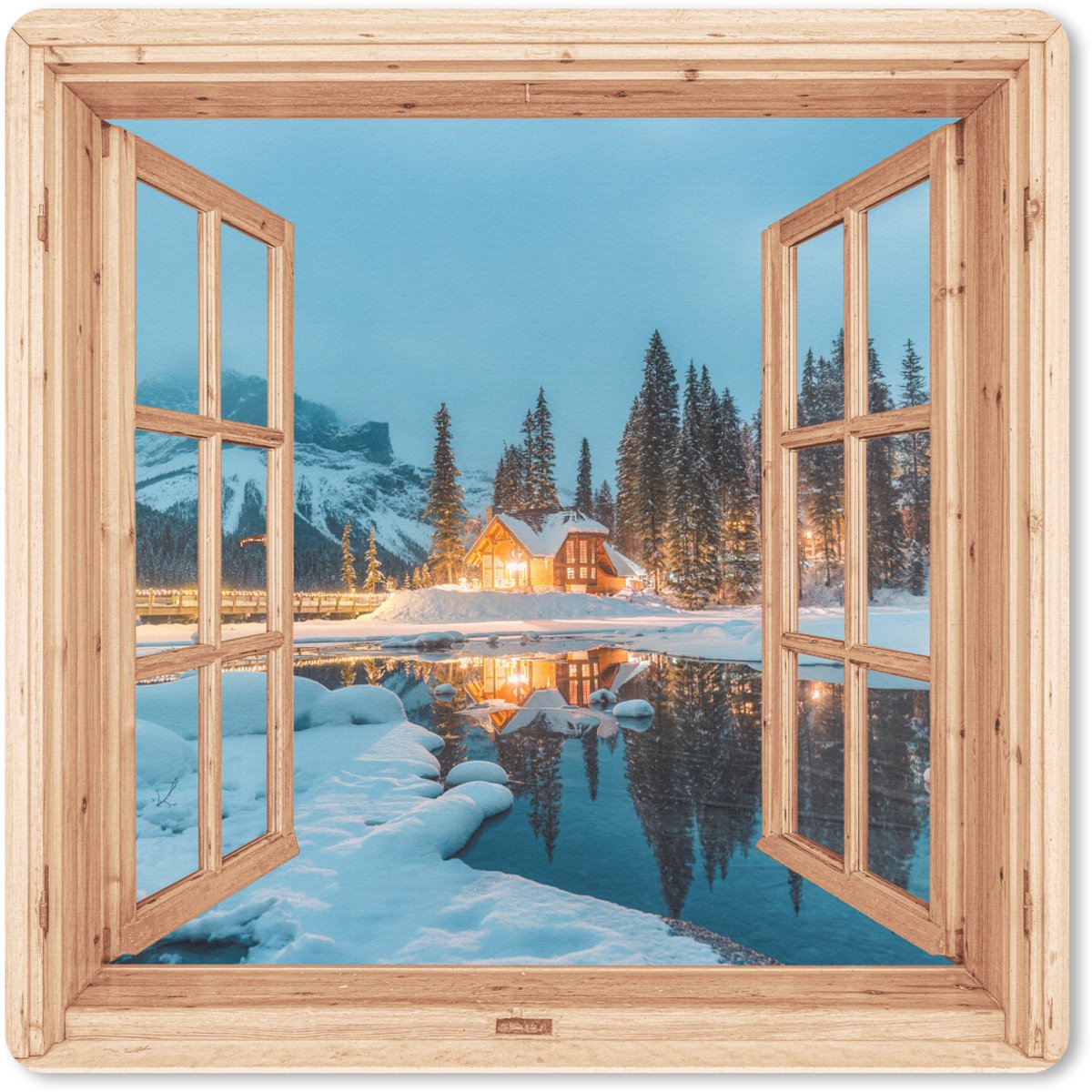 Muismat 20x20 cm - Mousepad Winterlandschap - Natuur - Huis - Bergen - Doorkijk - Raam - Muismatten