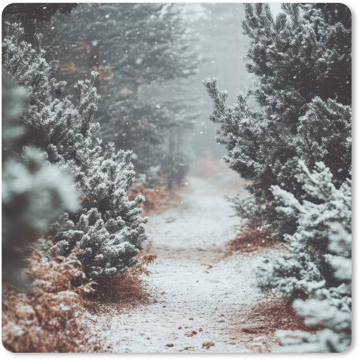 Muismat 20x20 cm - Mousepad Bos - Winter - Bomen - Natuur - Pad - Sneeuw - Muismatten