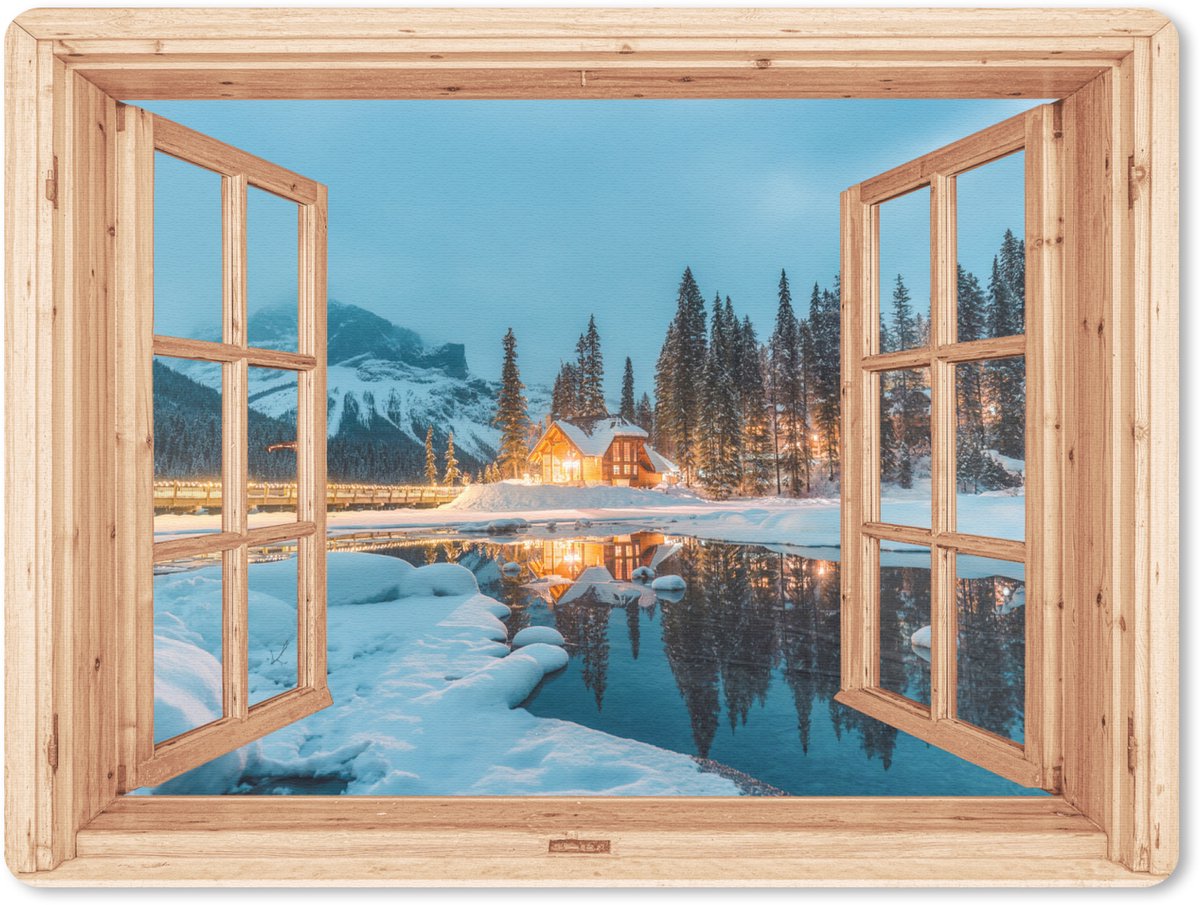 Muismat 23x19 cm - Mousepad Winterlandschap - Natuur - Huis - Bergen - Doorkijk - Raam - Muismatten