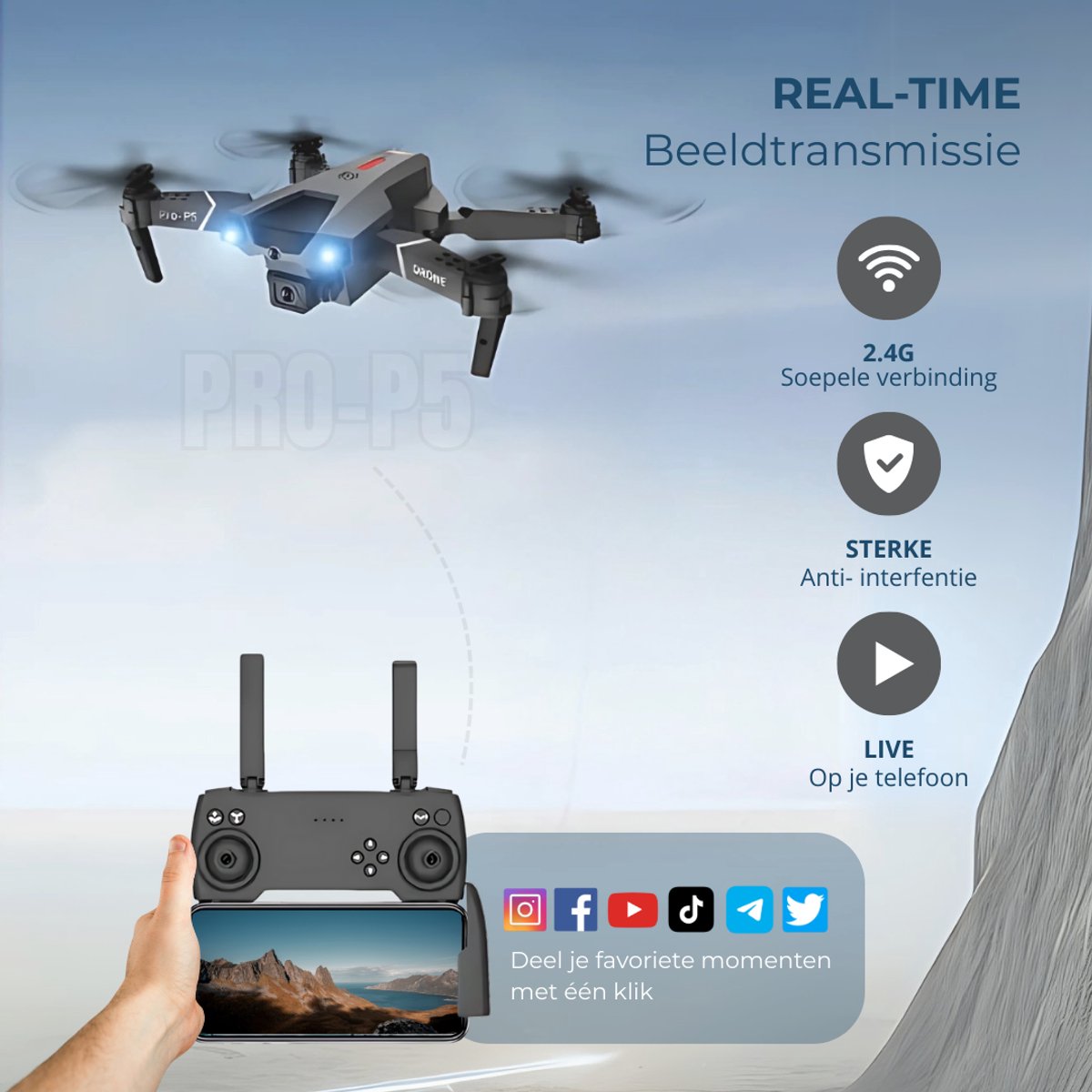 SefSay P5 Pro Drone - Drone met dubbele HD camera - Obstakel Ontwijking - 2 batterijen en een opbergtas - Geschikt voor kinderen en volwassenen — afbeelding 5
