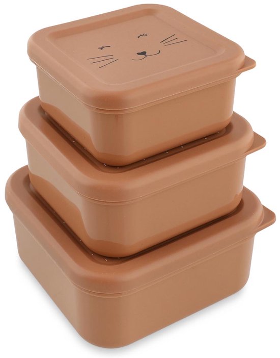 Stapelbare bruine snackboxen met schattige kattenafbeeldingen op de deksels.