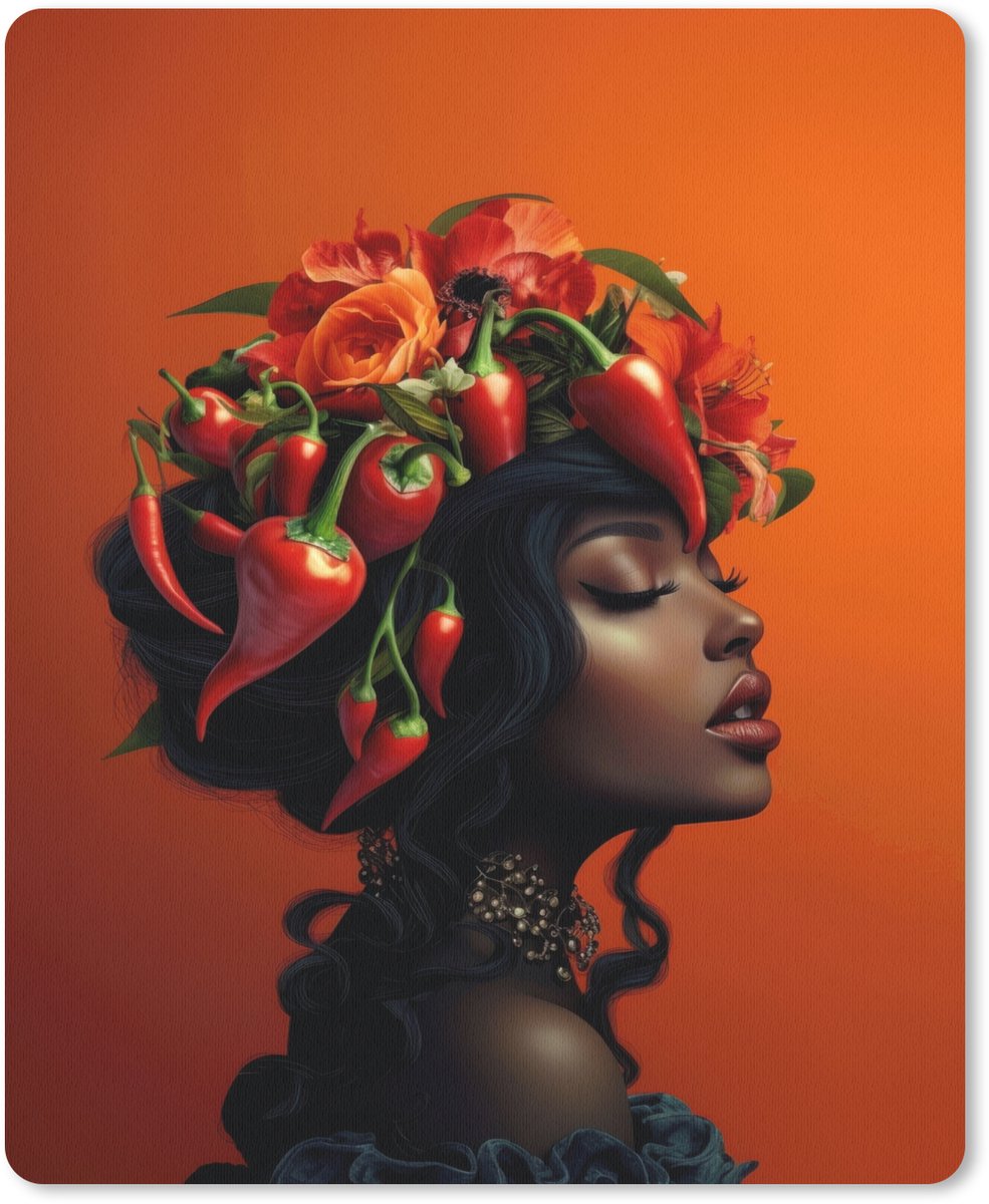 Muismat 19x23 cm - Mousepad Vrouw - Chilipepers - Pepers - Bloemen - Muismatten