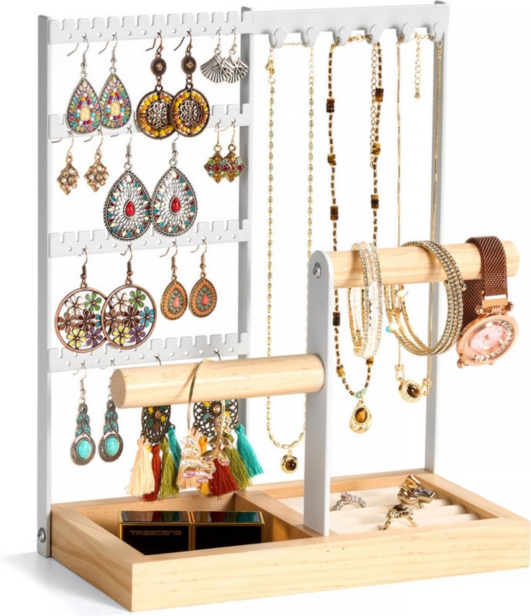 Sieradenrek - Oorbellenorganizer - Opbergruimte - Standaard - Sieradenorganizer - 4-laags oorbellenorganizer - Armband met 52 gaten - Armbandrek met houten basislade - voor het tentoonstellen van kettingen en het opbergen van sieraden - 22,5x12x28cm