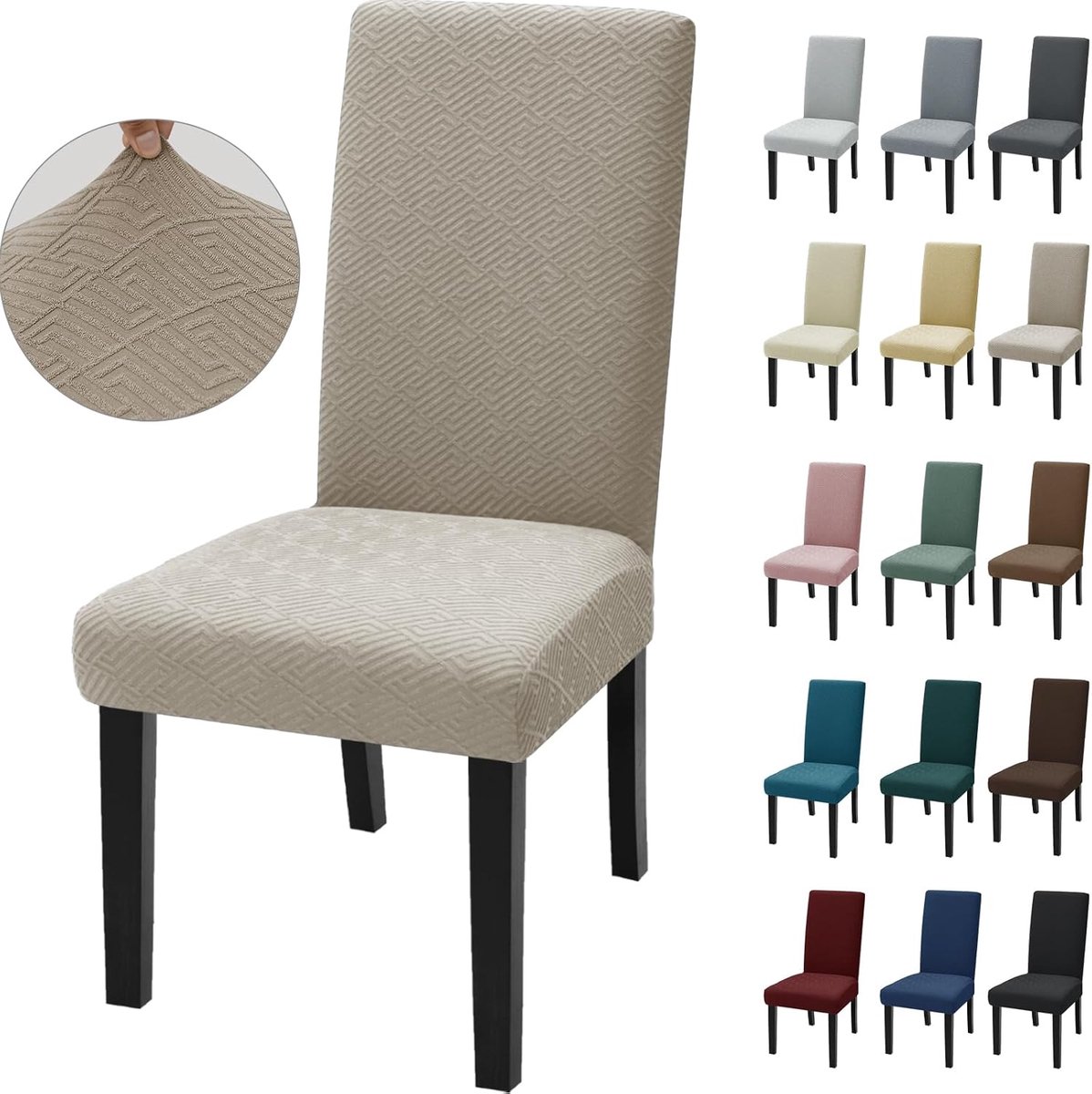 Moderne Elastische Eetkamerstoelhoes - 6 Delig, Verlengbaar, Khaki