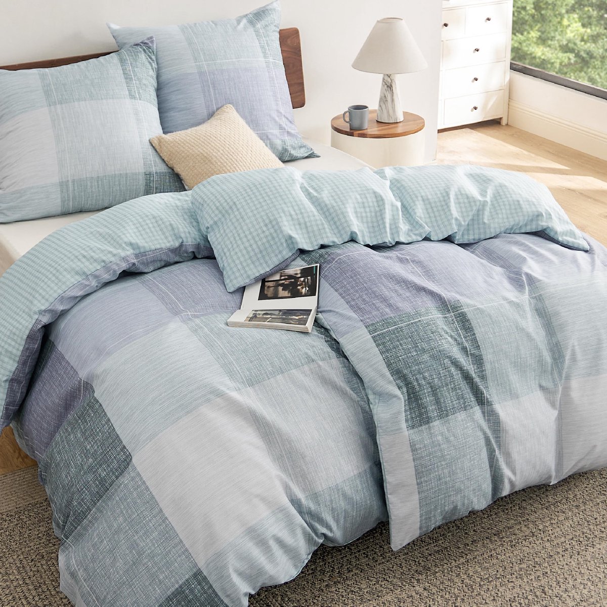 Ibenzoa Beddengoed Set met Stijlvol Blauw Geruit Ontwerp en Praktische Ritssluiting