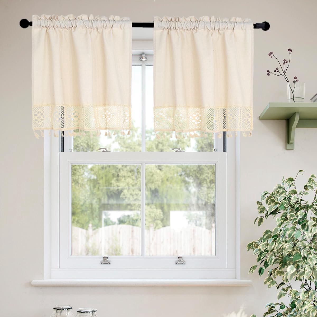 Ibenzoa Bohemian Stijl Korte Gordijnen met Kwastjes voor Keuken en Badkamer beige