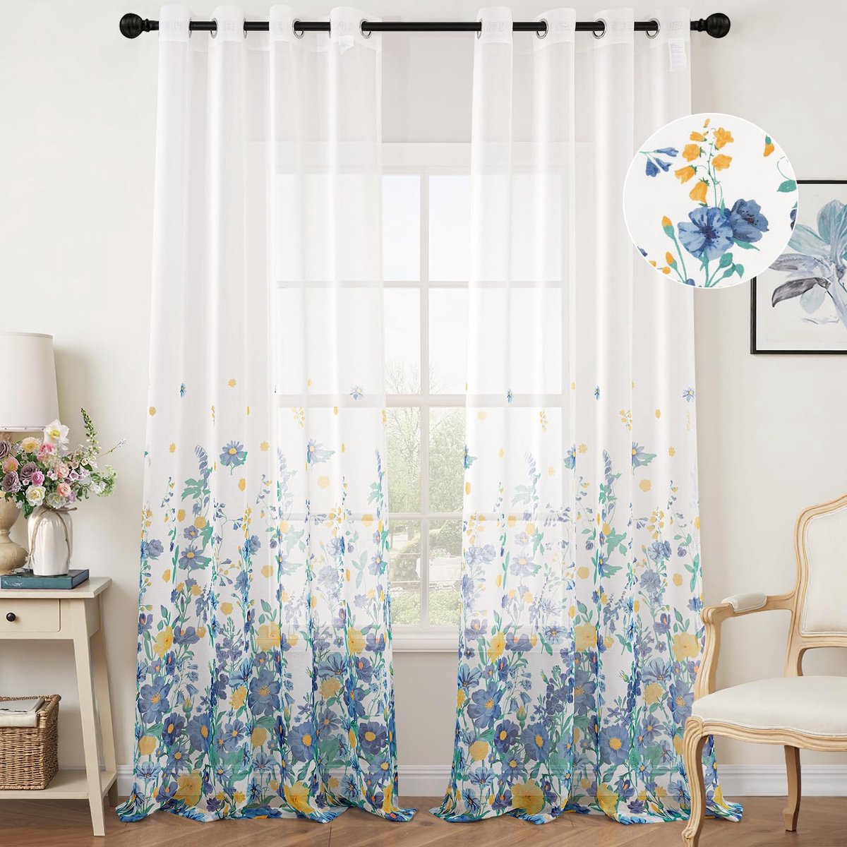 Ibenzoa® Transparante Marineblauwe Voile Gordijnen met Bloemenpatroon en Ingewerkte Ringen voor Woonkamer en Slaapkamer