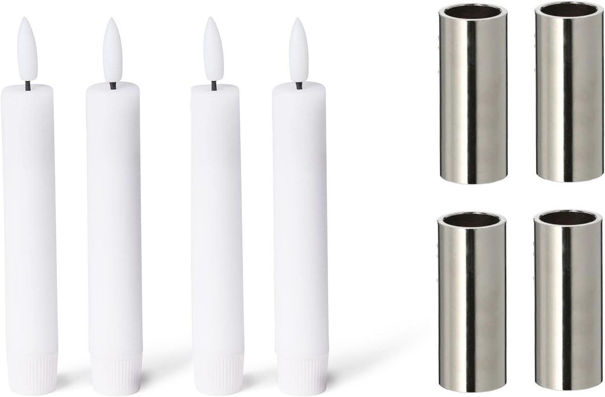 Novaliv 4x magnetische kaarsenhouders 2,5x7,5cm zilver met LED tafelkaars echte was premium flikkerend effect kaarsenstok kersttafeldecoratie adventskrans kaarsenhouder woonkamerdecoratie wit