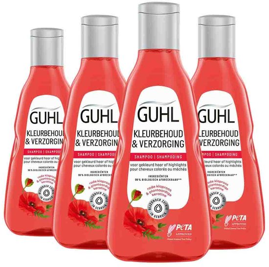 Vier flessen rode Guhl shampoo met een klaproos en plantenkers op het etiket.