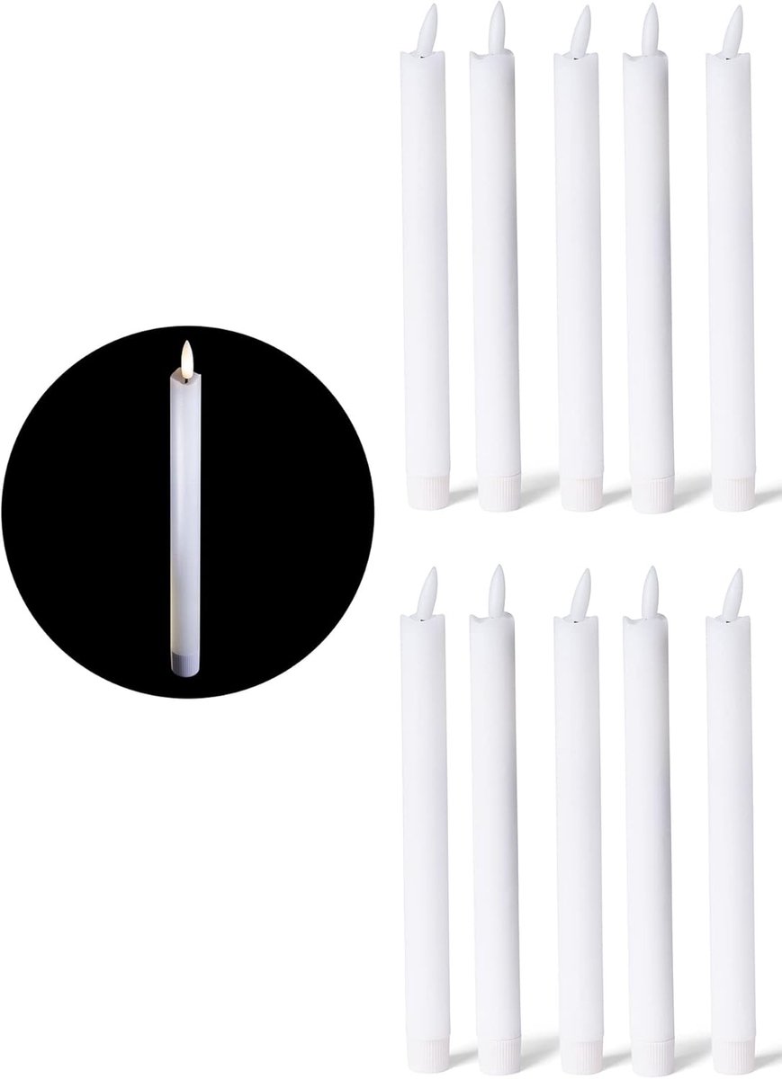 10x LED-kaarsen met bewegende vlam, was - echte was wit - binnen - 22 cm hoog voor 2,2 cm diameter / 1x AA-batterij vereist - LED-kaarsen van was