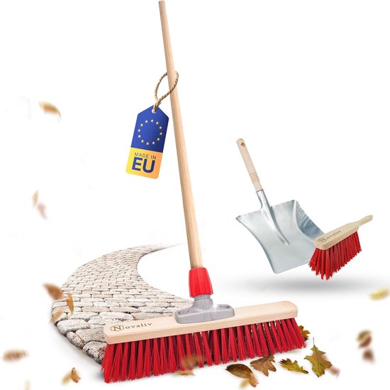 KADAX Houten straatbezem met lange steel, brede houten bezem, robuuste vloerschrobber, industriële bezem, schuurborstel, schraperborstel, tuinbezem (80 cm