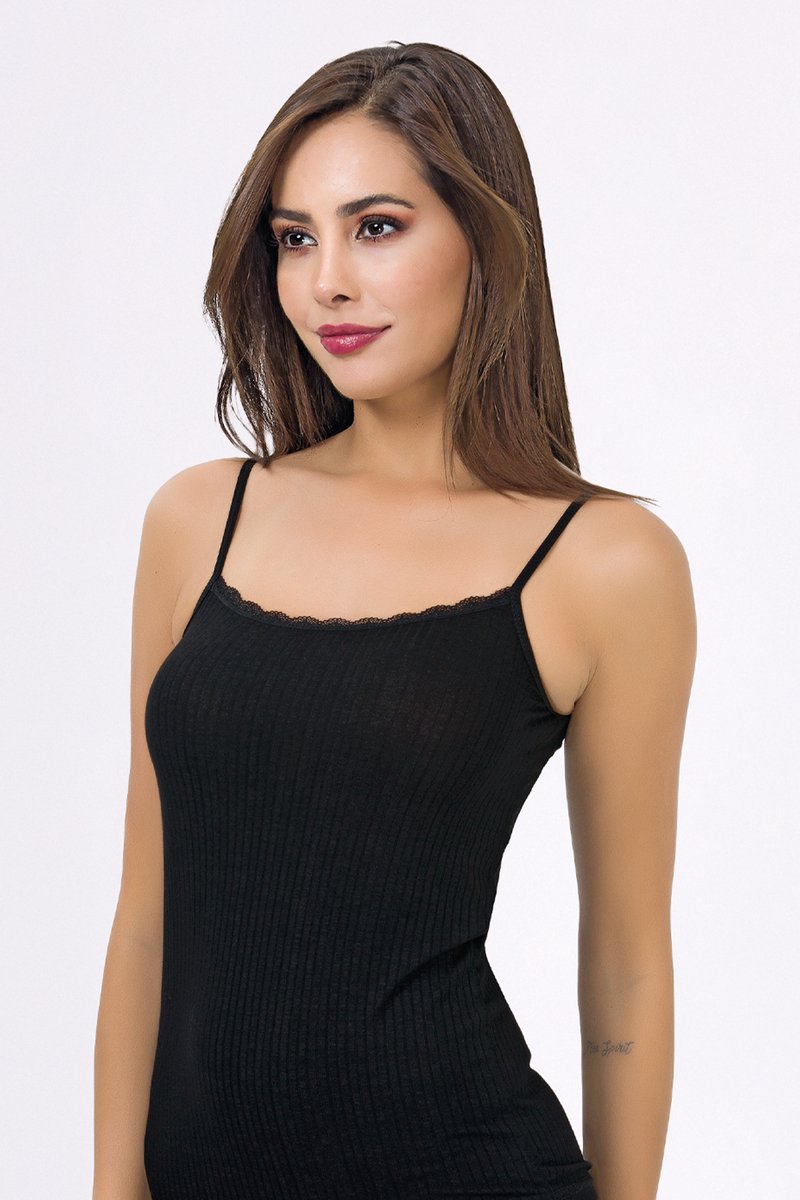ilke® 2 pack Dames Spaghetti Tops met Kant - Comfortabele Stretch Viscose - Zwart - L/XL