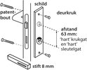 Diagram van een deurkruk met schild, patentbout en stift 8 mm.