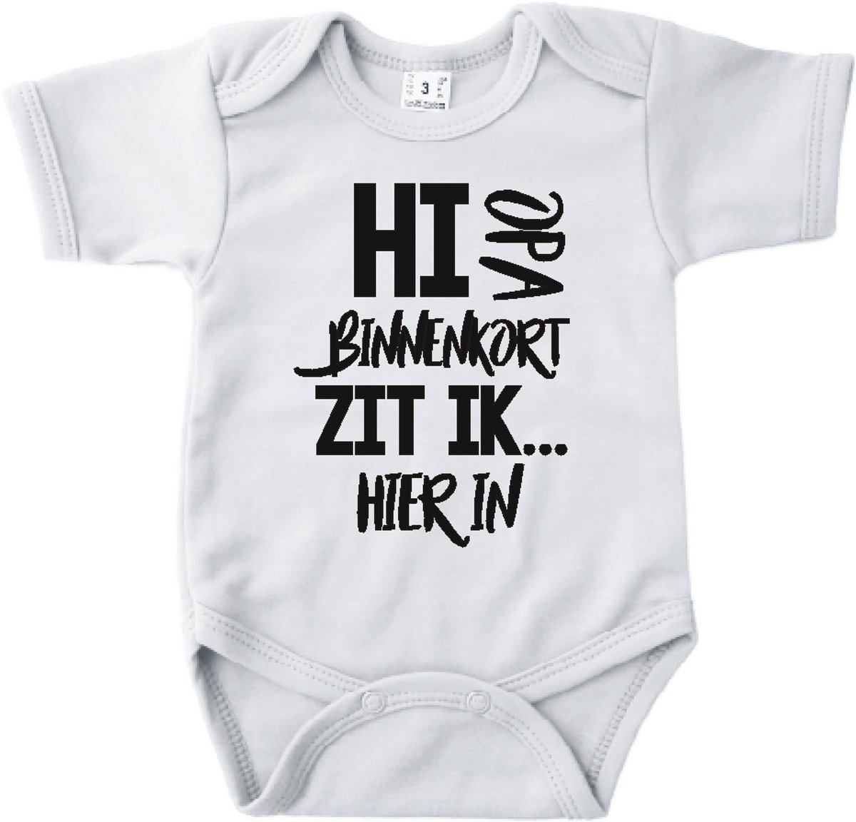 Baby romper met tekst zwangerschap aankondiging | Hi Opa binnenkort zit ik hierin | wit | korte mouw | maat 56 cadeautje zwangerschap aankondiging bekendmaking | Cadeautje 100% katoen.