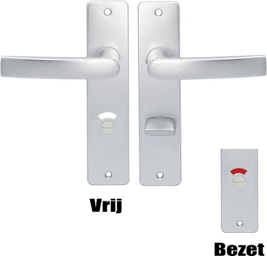 Zilverkleurige deurkrukken met schilden, een vrij/bezet indicator en een slot. Links 'vrij', rechts 'bezet'.