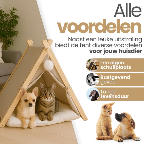 Een chihuahua en een kat in een ecru tipi tent met kussen. Naast de tent, twee puppy's. Tekst: 'Alle voordelen'.